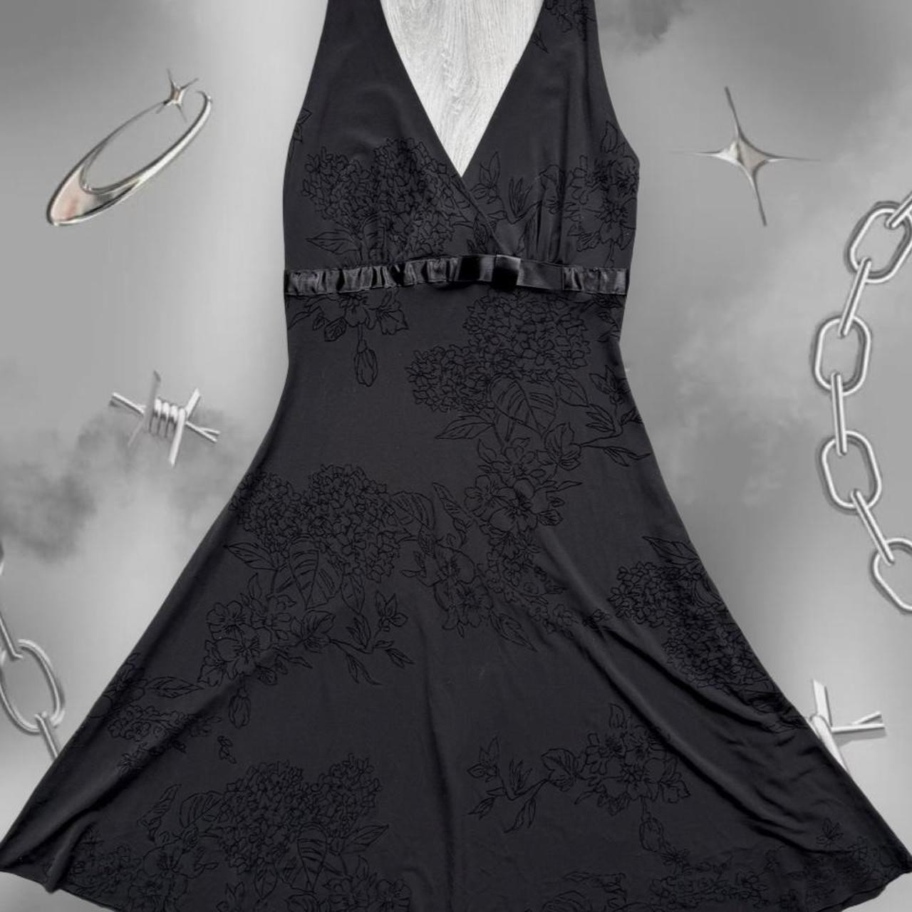 Whimsygoth 90s Vintage Black Floral Halter Babydoll Midi Dress Satin Bow Waist