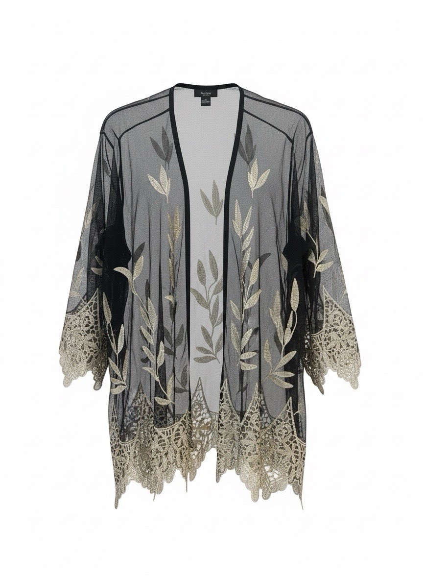 Alfani Womens Black Mesh Kimono Cardigan Gold Metallic Leaf Embroidery Lace 2X
