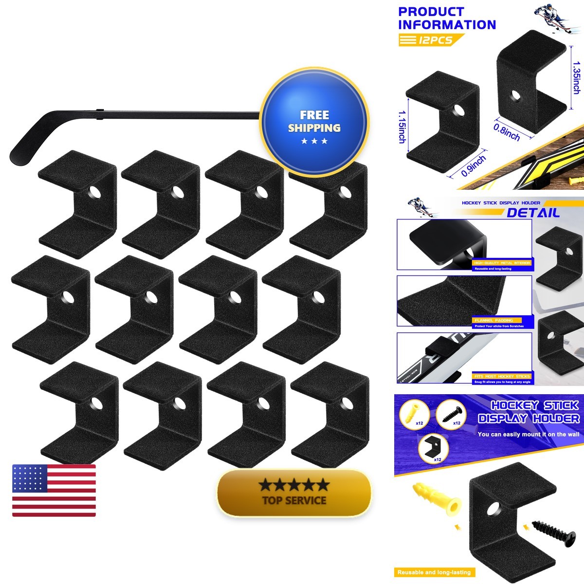 Dunzy 12 Pcs Hockey Stick Wall Mount Hanger Holder Black Felt Dunzy 12 Pcs Hockey Stick Wall Mount Hanger Holder Black Felt