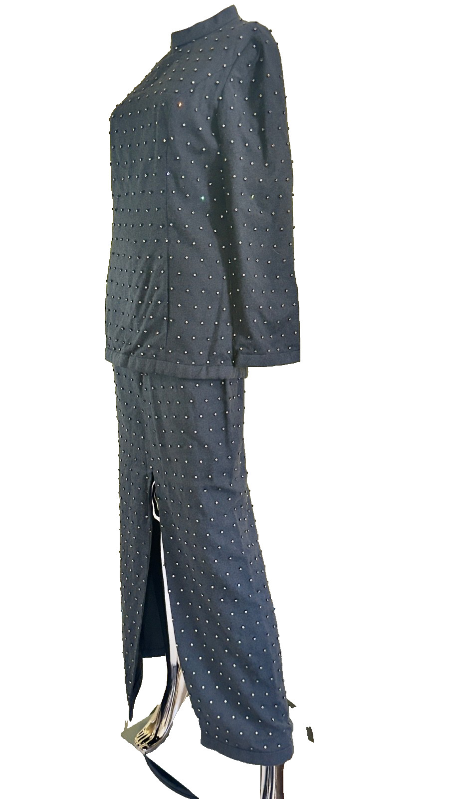 Vintage 1960s Malcolm Starr Elinor Simmons Gray Wool Twill Rhinestone Skirt Set 