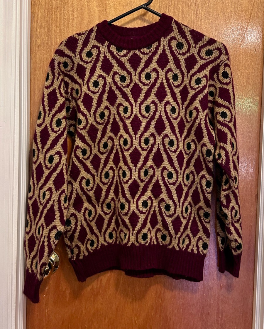 Vintage 60s / 70s psychedelic burgundy sweater, wool, small, dark red