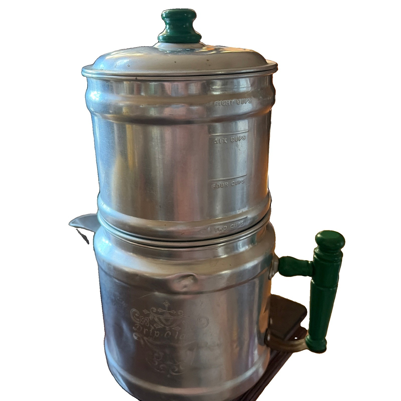 Vintage Enterprise Aluminum Drip-O-lator Coffee Pot Rare Green Handle, 8 Cup