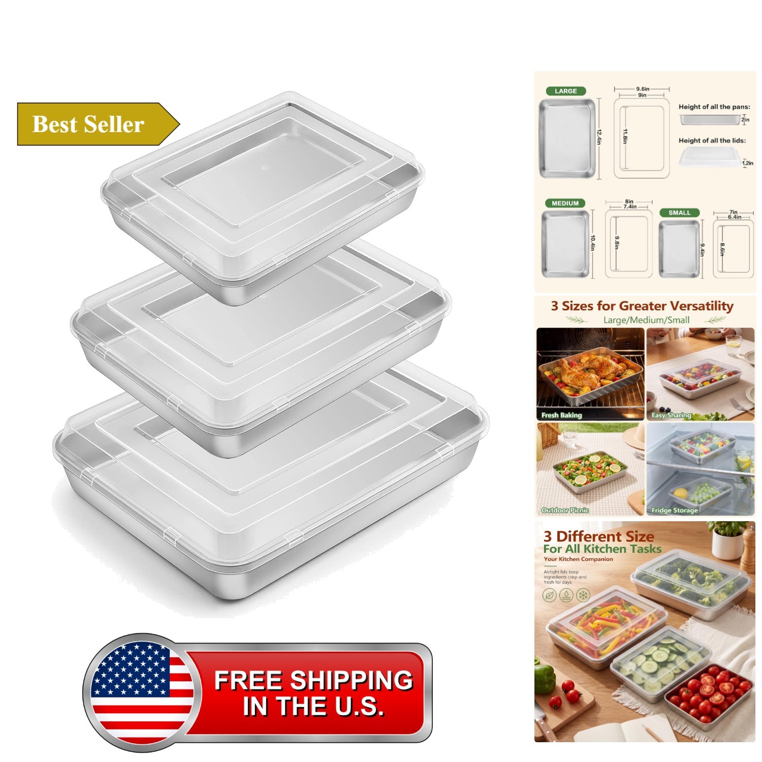 Stainless Steel Baking Pan with Lid, 12.4/10.4/9.4 Inch for Cake Stainless Steel Baking Pan with Lid, 12.4/10.4/9.4 Inch for Cake