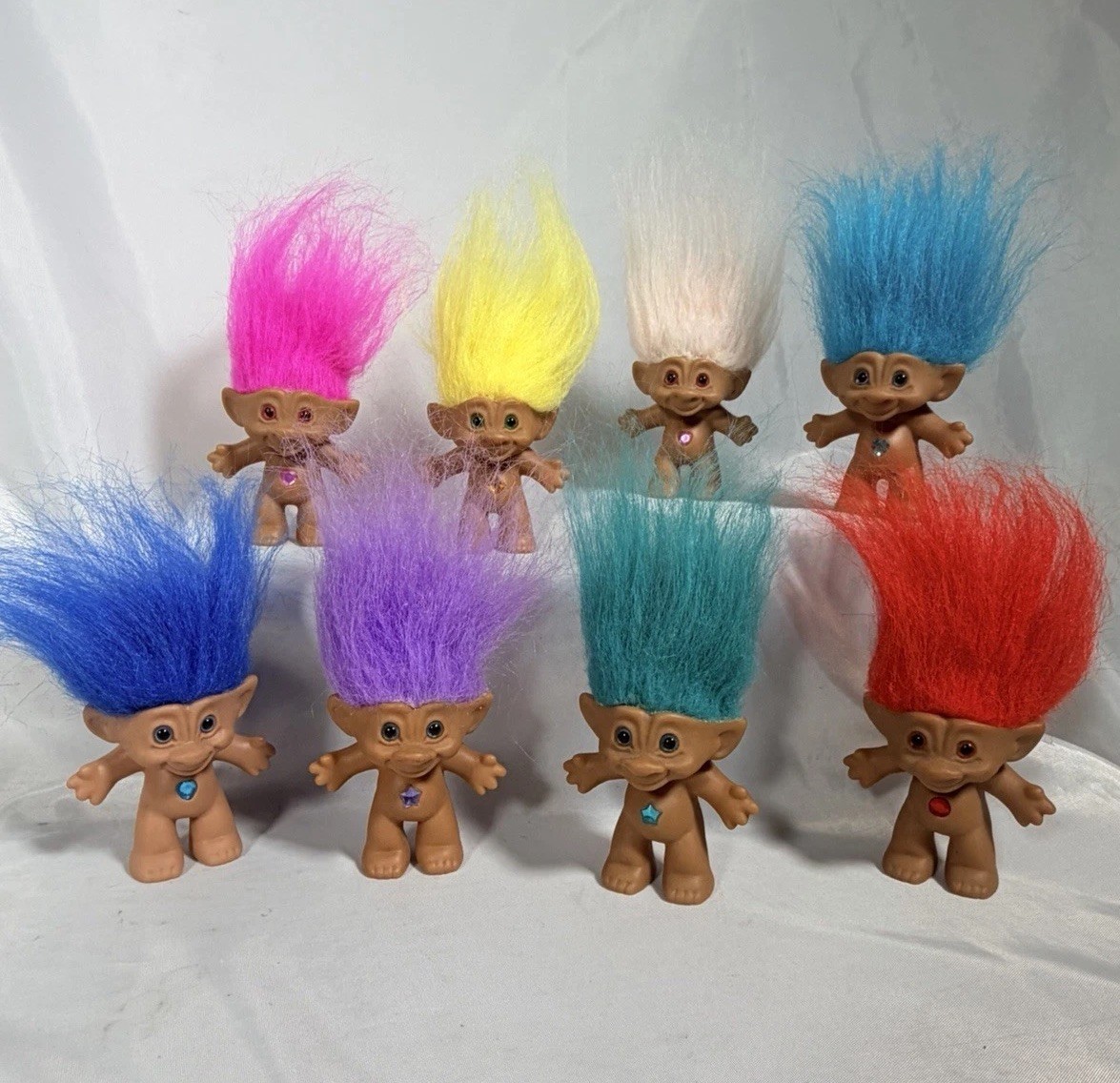 Vintage TREASURE TROLL Doll Lot Of 8 Wishstone Ace Novelty Belly Gem Neon 3”