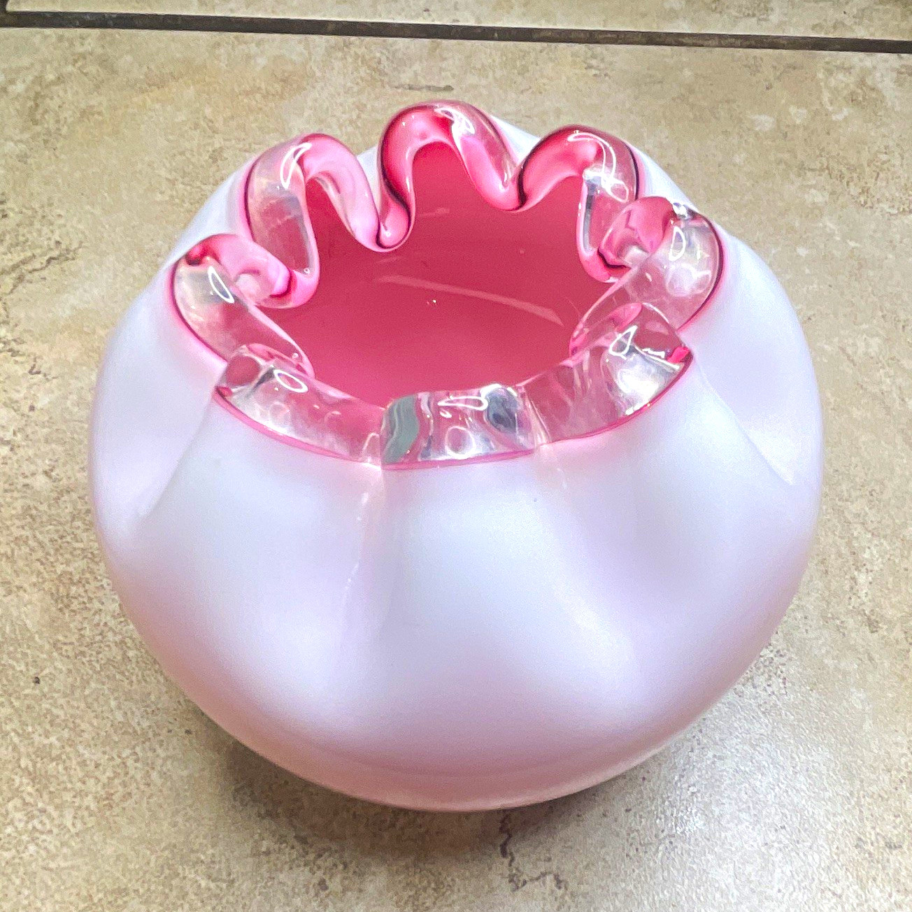 Vintage Fenton Peach Crest Milk Glass Melon Rose Bowl Ruffled Pink Rim 1950s