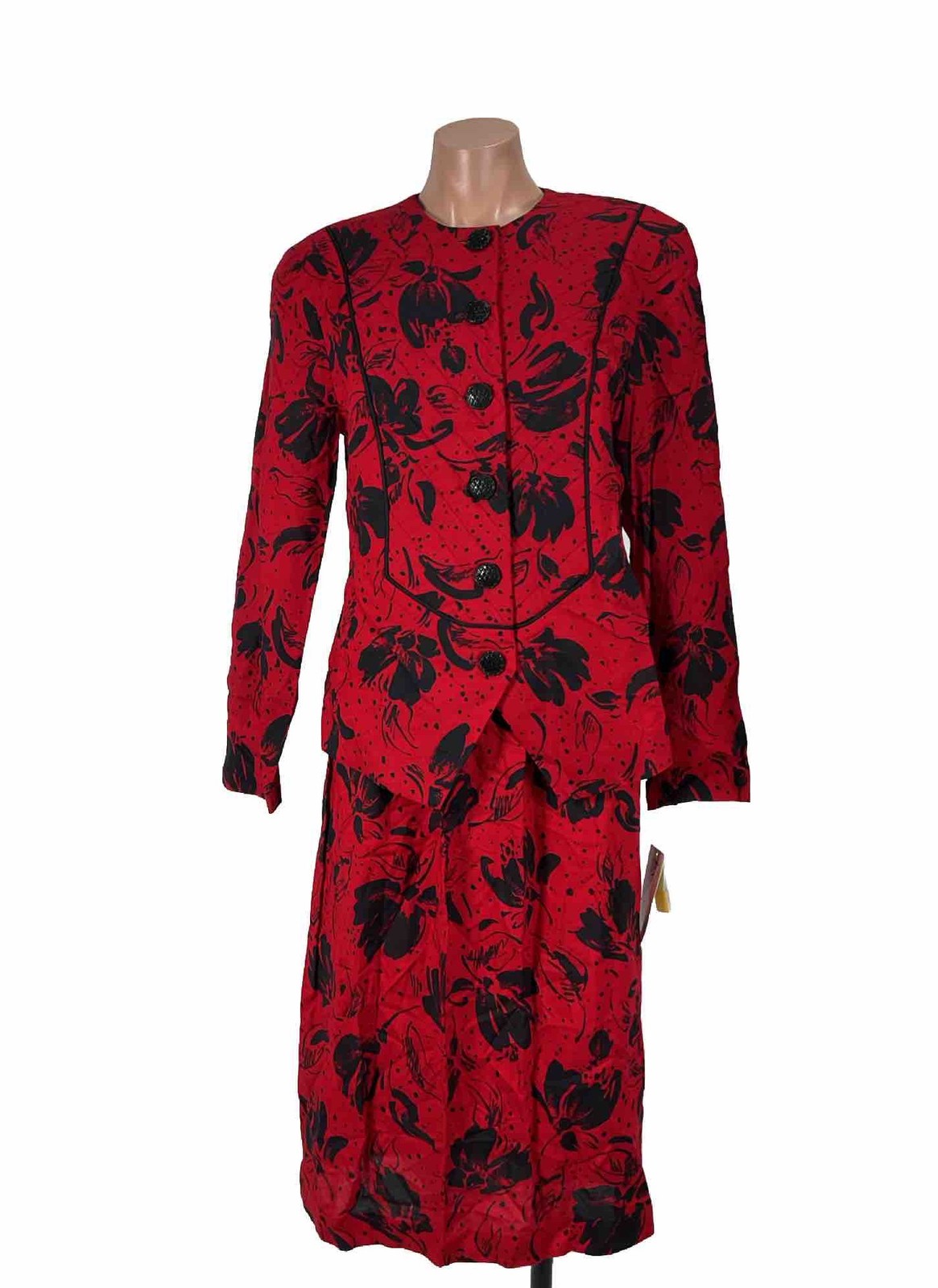 Vintage Expression Brenner Red Black Floral Peplum Power Suit 80s Skirt Set