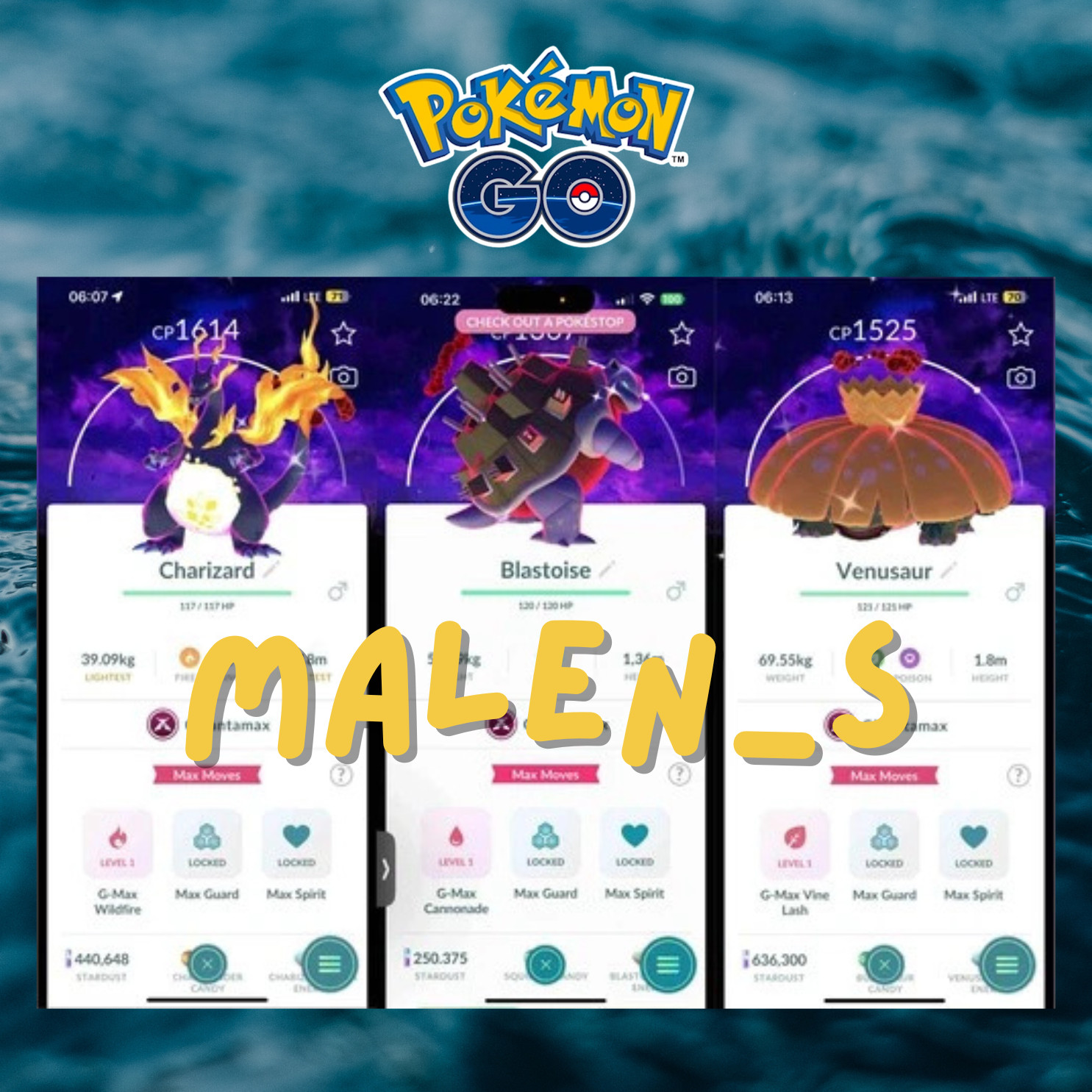 Shiny gigantamax Charizard🐬Blastoise🐬Venusaur BG Dark Skies🐬PTCentral-Digital