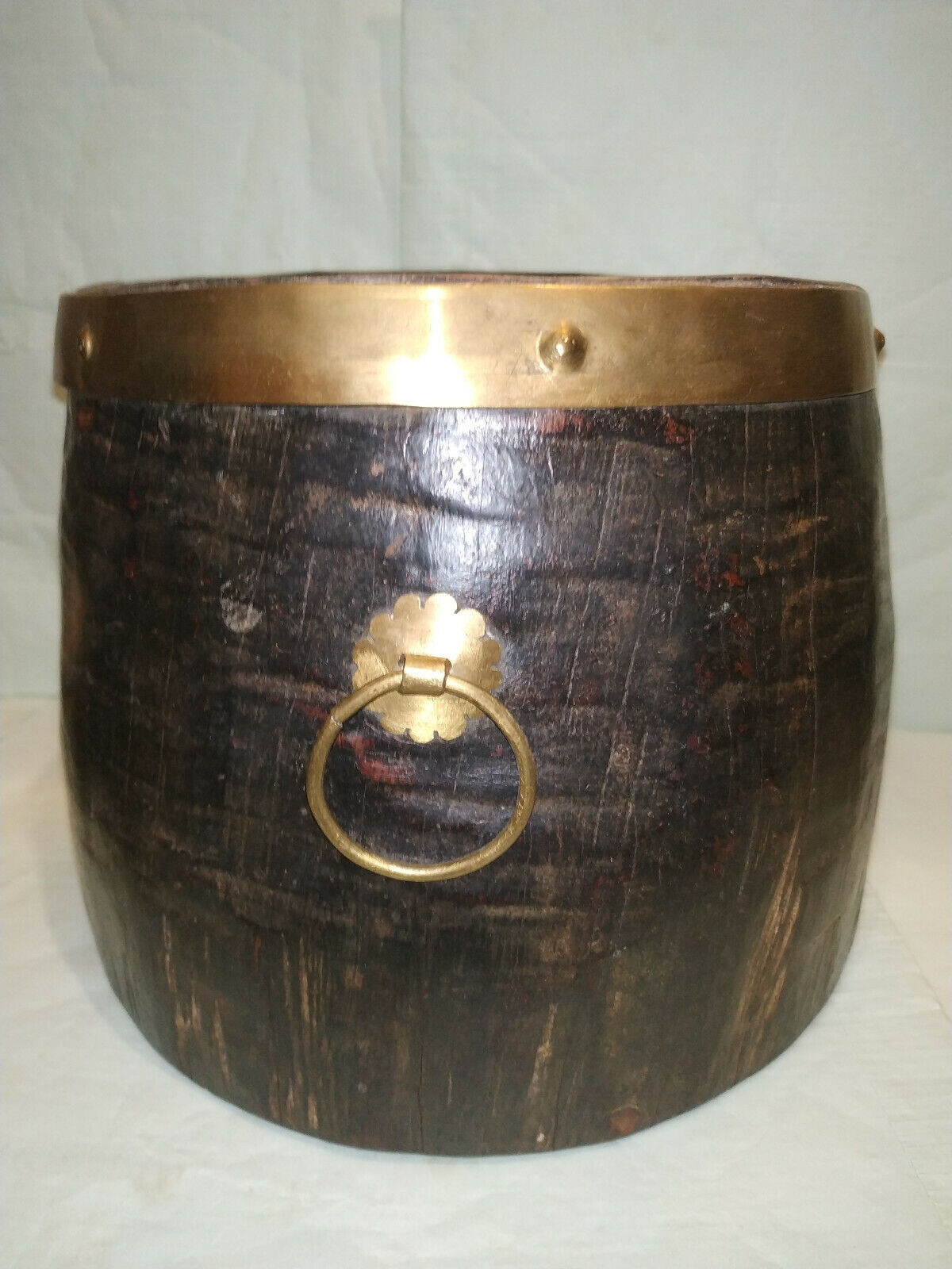 ANTIQUE SOUTH INDIAN ETHNIC BRASS AND ROSE WOOD GRAIN RICE MEASURE POT KERALA#3