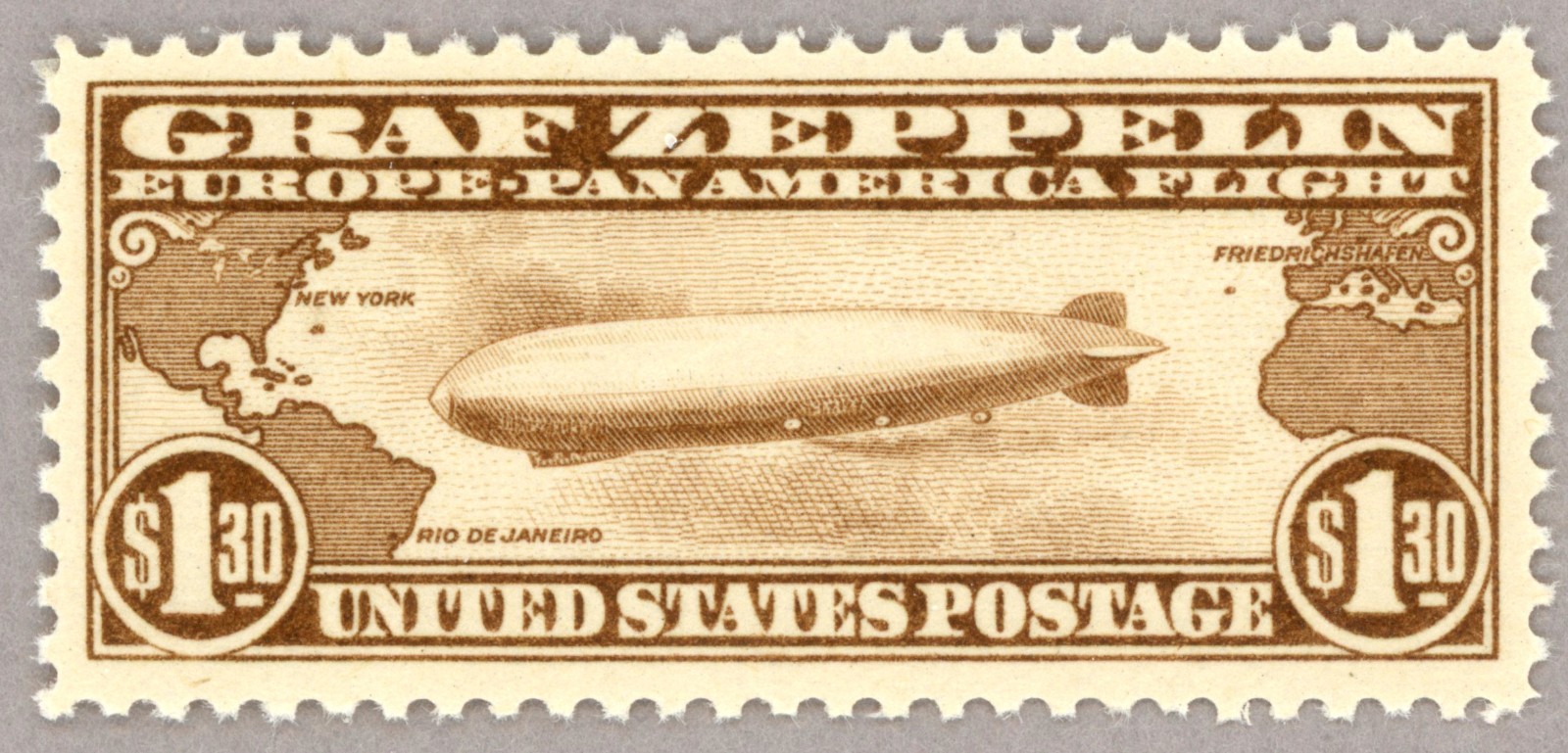 US Scott#C14 XF OG VVLH 1930 $1.30 Graf Zeppelin, wide margins , no faults