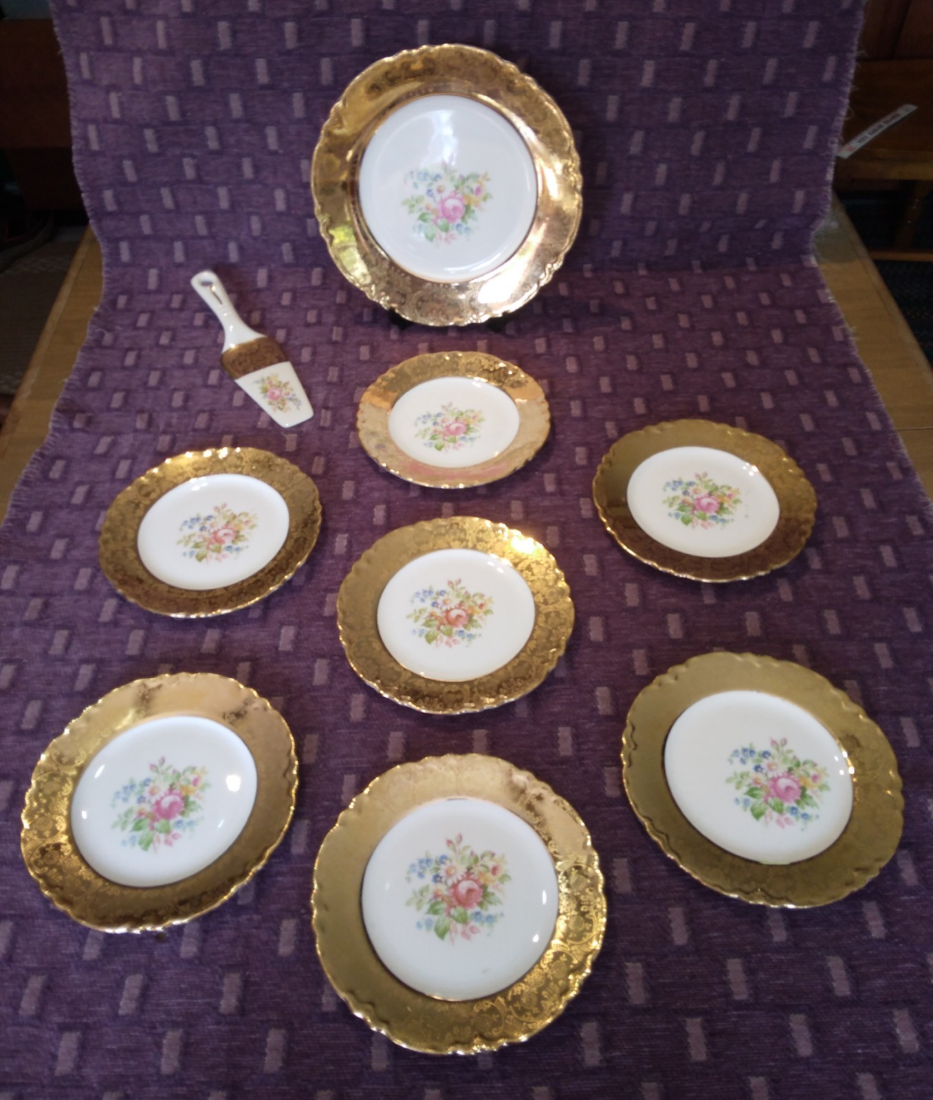 Vintage W.S. George Radisson Cake Dessert Set 9pc Ardalt 22K Gold Floral Server