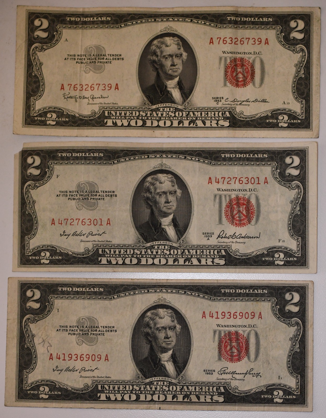 1953 1953-A 1953-C Series Red Seal Two Dollar Bills Exact Notes Shown