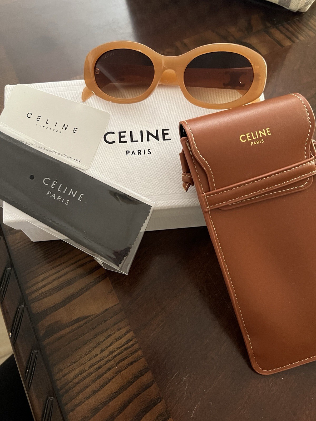 Celine Sunglasses Unisex with Case and Box. Light Brown