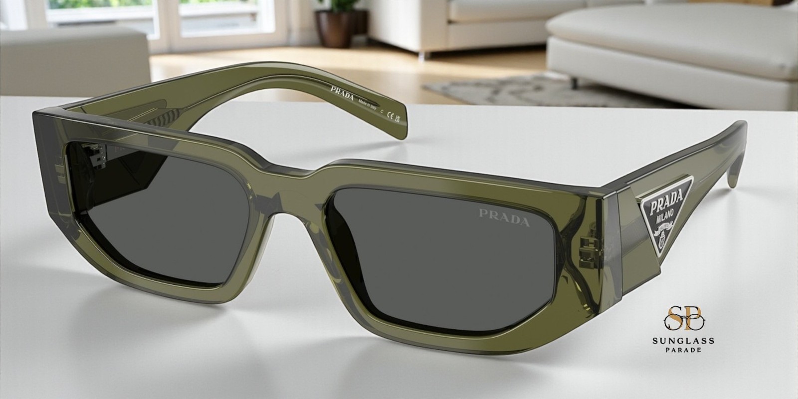PRADA PR 09ZS 25A40L Transparent Military Green Dark Grey 54 mm Men\'s Sunglasses