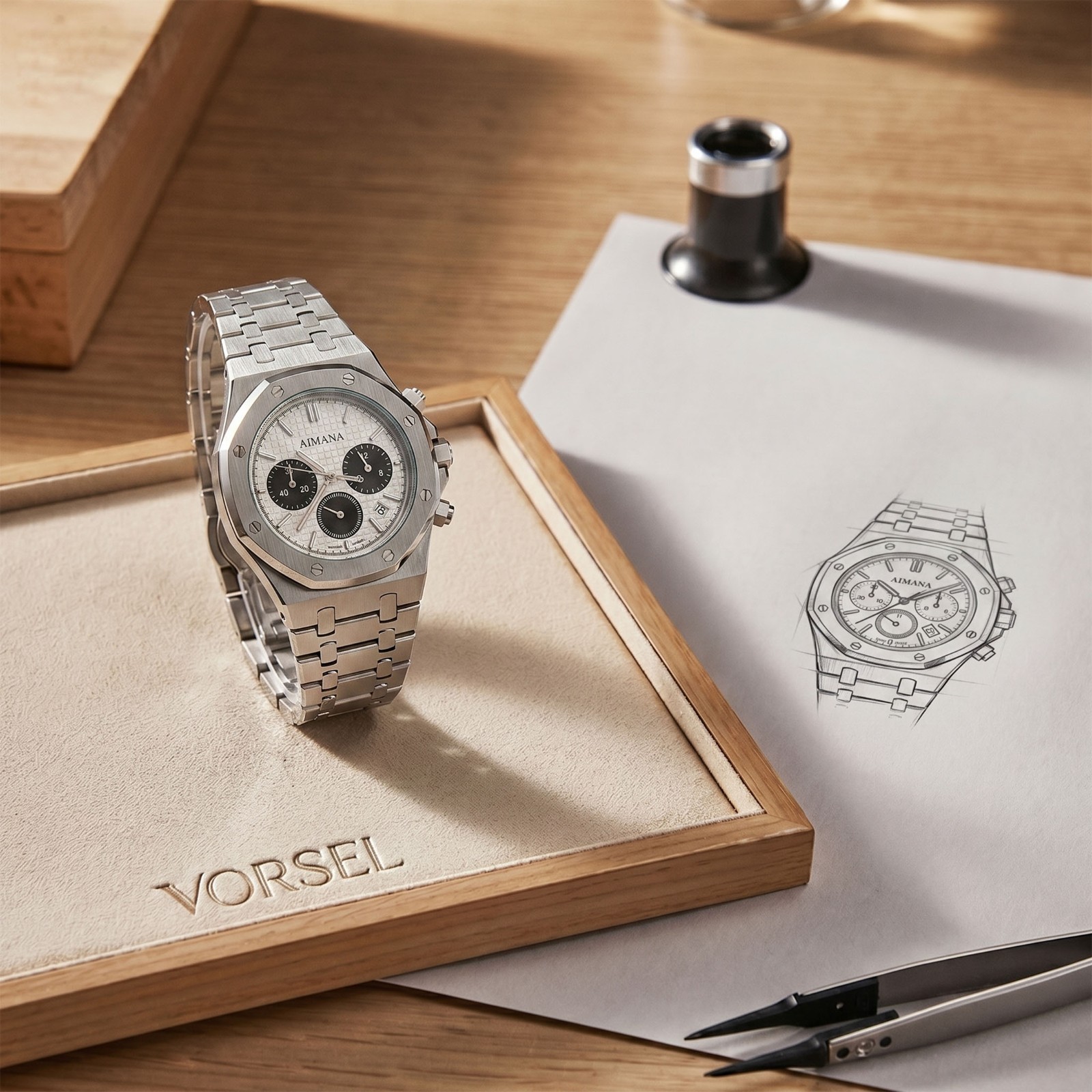 VORSEL Men\'s Octagonal Chronograph Watch Silver Dial Stainless Steel Luminous