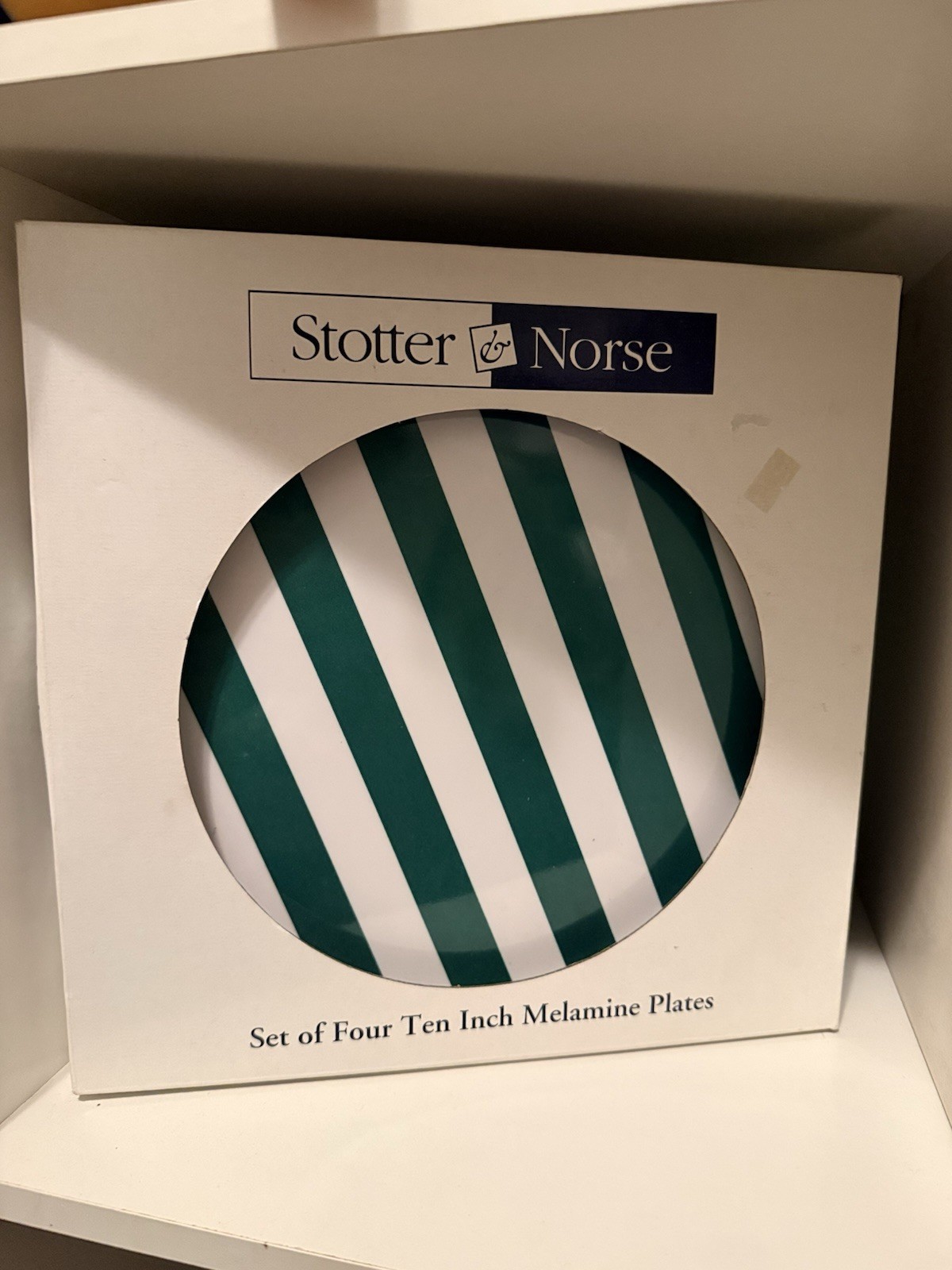 Stotter & Norse Set of 4 Ten Inch Melamine Plates Green White Stripe NIB