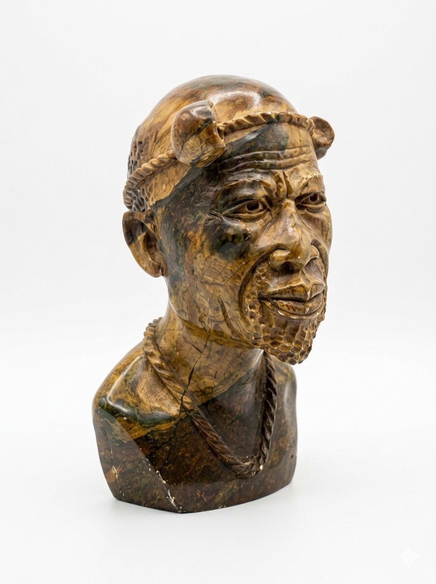 R.J. Dodzo Signed 2005 African Shona Stone Bust Zimbabwe Chief Carved Sculpture