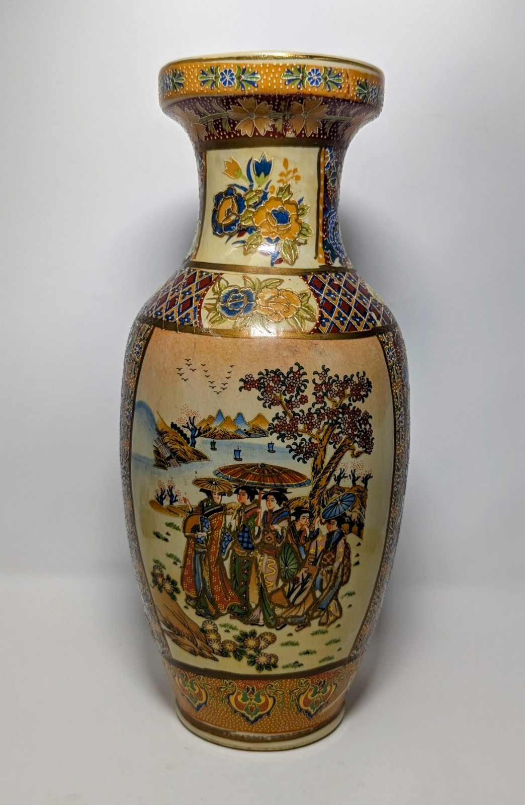 Vtg Hand Painted Satsuma Vase - Beautiful Piece Hairline Crack Near Base 12.5” Vtg Hand Painted Satsuma Vase - Beautiful Piece Hairline Crack Near Base 12.5”