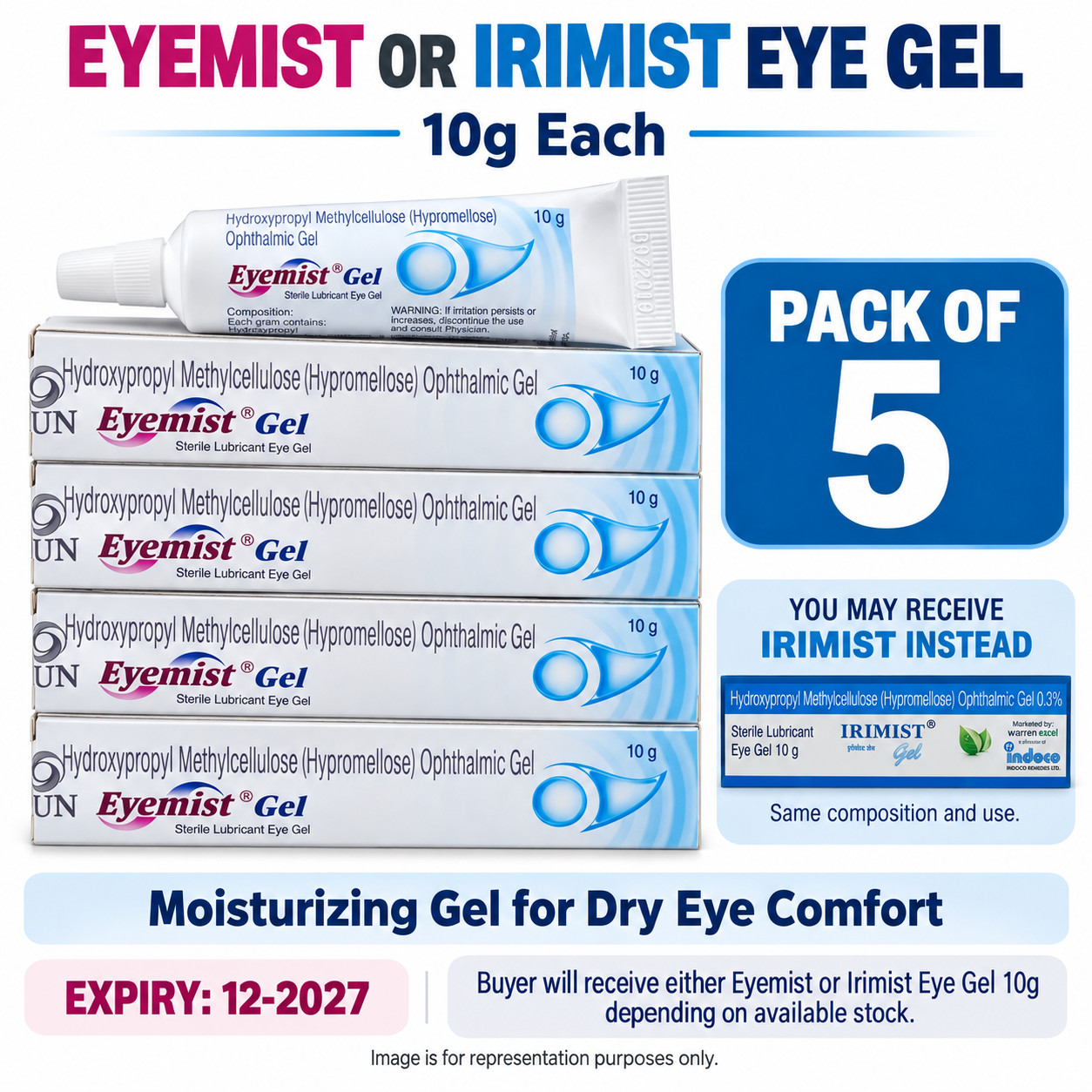 5 x Eyemist or Irimist Eye Gel 10g Dry Eye Lubricant Gel Exp 12/2027