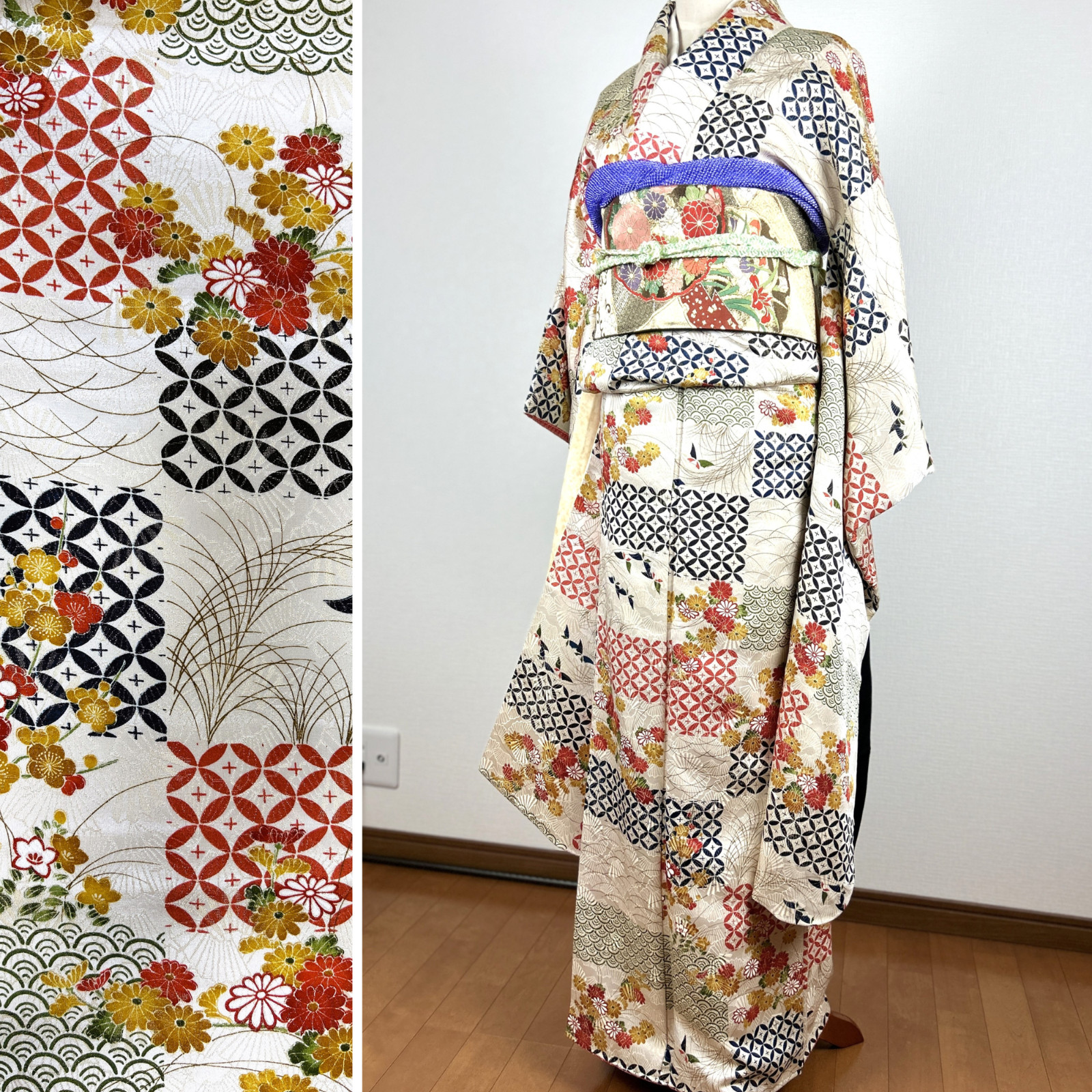 【Near mint】antique kimono,hurisode kimono,  kimono robe,kimono dress,check