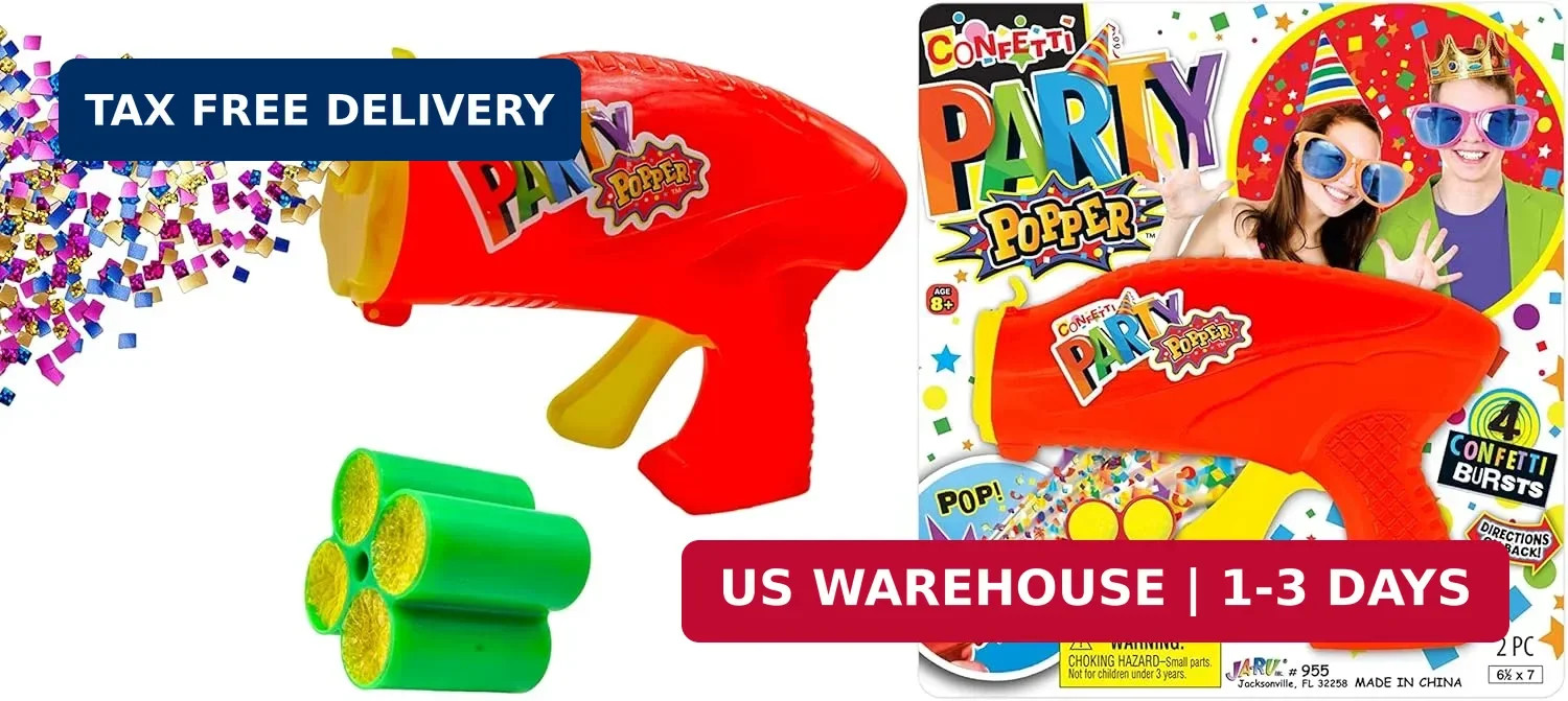 Confetti Party Poppers Gun Party Supplies (1 Gun 4 Shots) Plus Sticker Reusable