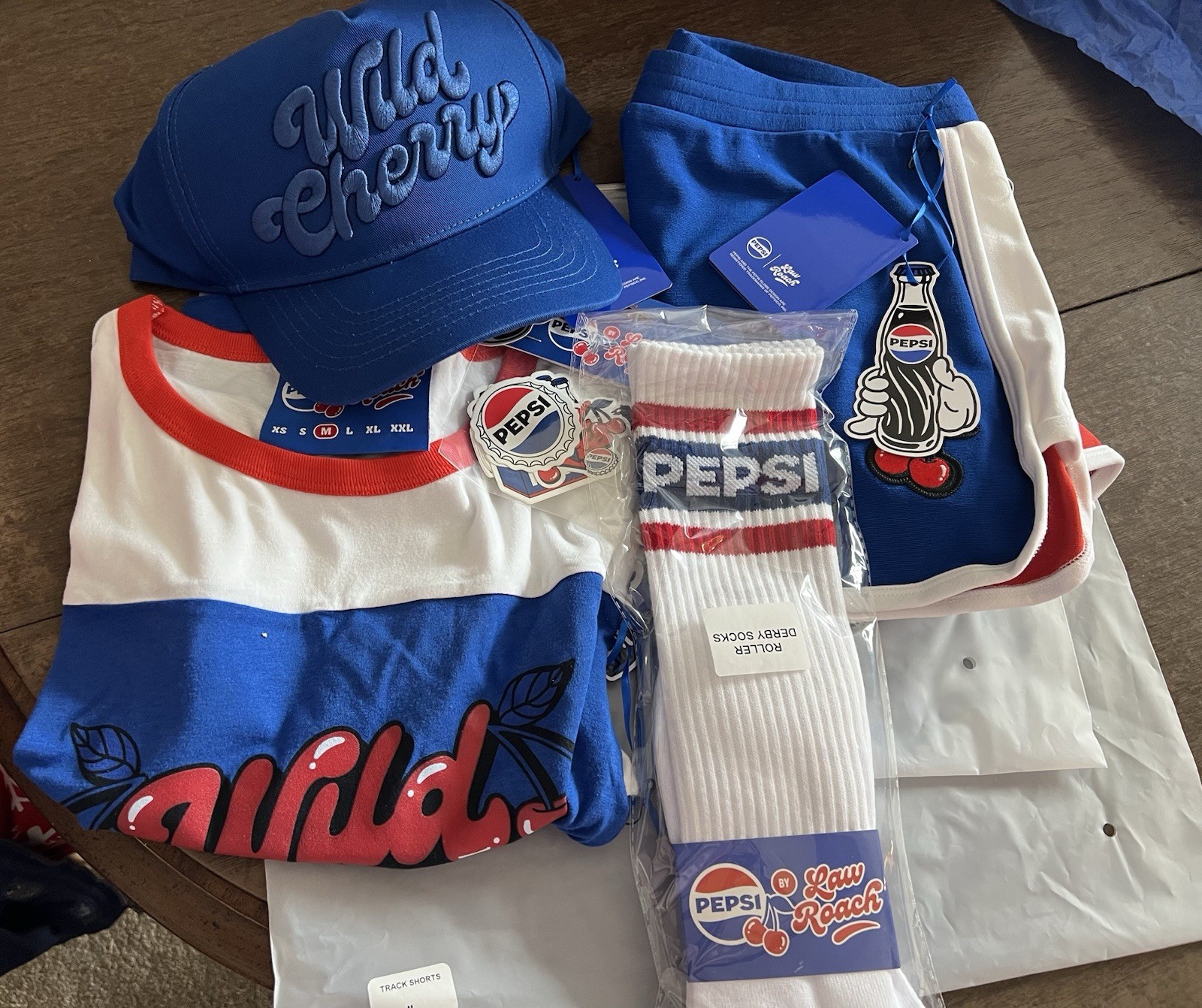 NEW Pepsi x Law Roach LIMITED  ED.  Wild Cherry Baby tee, hat, Shorts, Etc.