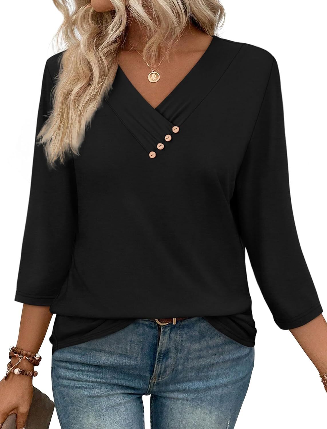 V Neck Blouse for Women Dressy Casual 3/4 Sleeve Button Down Work Top