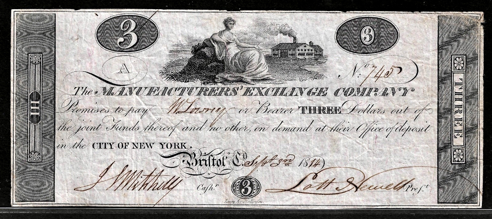 Sept 3, 1814 Bristol Connecticut Manufacturers Exchange $3 Obsolete Bank Note