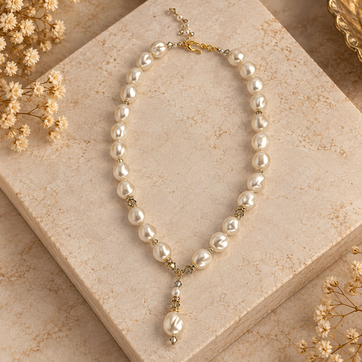 Vintage Faux Baroque Pearl Y Drop Necklace Smoky Crystal Rhinestone Gold Tone 20