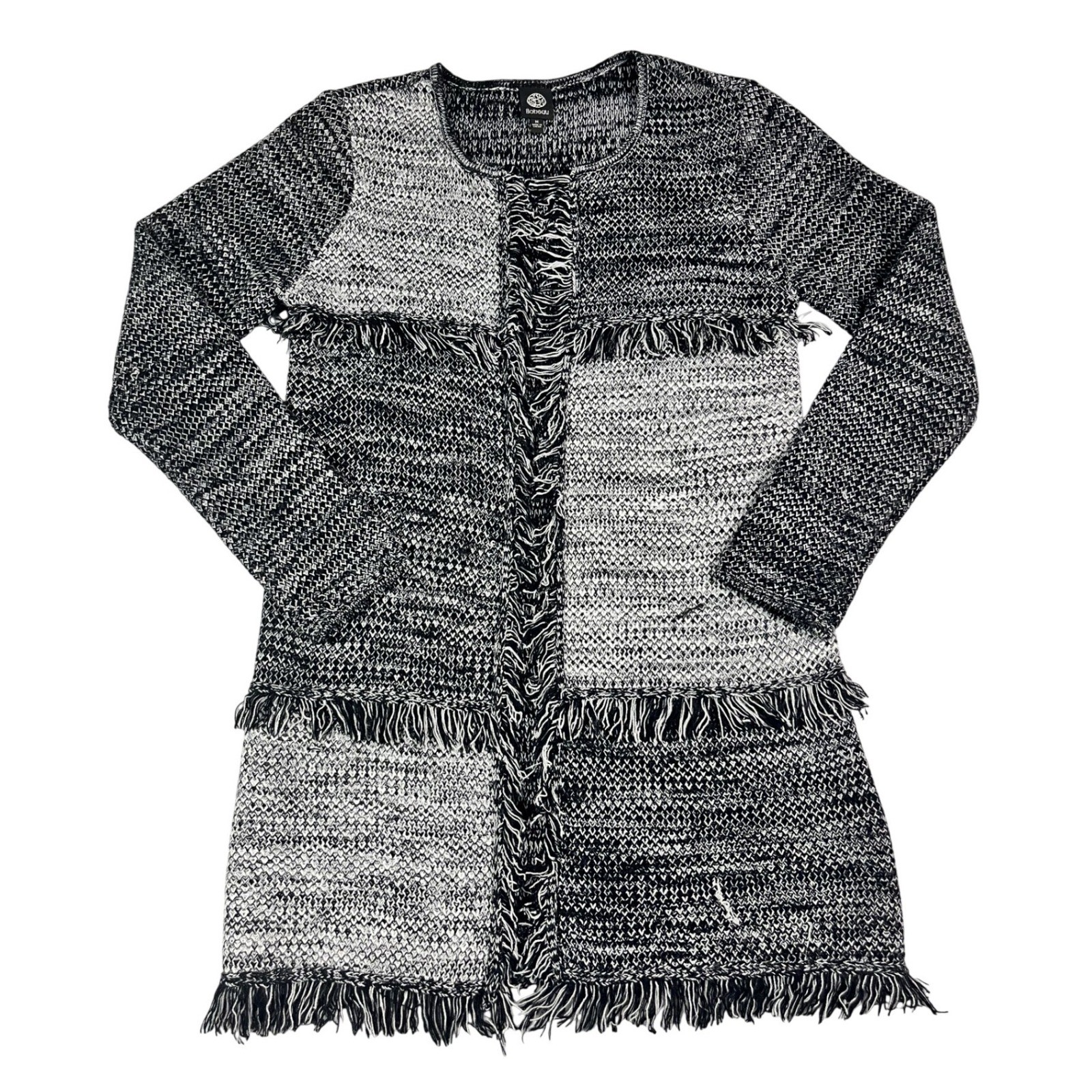 Bobeau Womens Black White Marled Fringe Colorblock Open Front Cardigan Medium