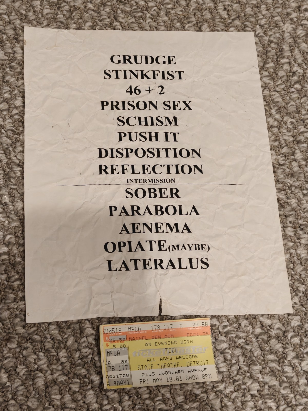 TOOL LATERALUS Detroit 2001 SHOW USED SETLIST With Ticket Stub From Show Relic