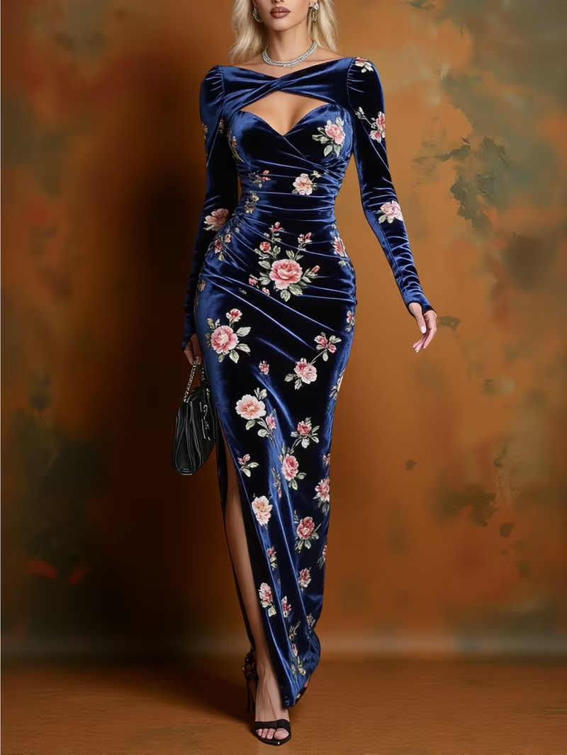 Vintage Style Dark Blue Velvet Floral Split Maxi Dress Cross Neck L XL Vintage Style Dark Blue Velvet Floral Split Maxi Dress Cross Neck L XL