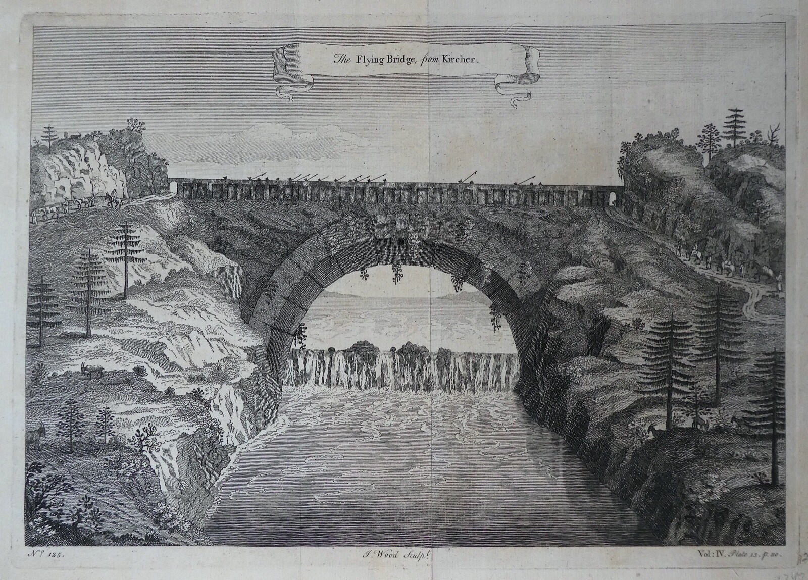 Antique Etching The Flying Bridge from Kircher 1747 by J. Wood