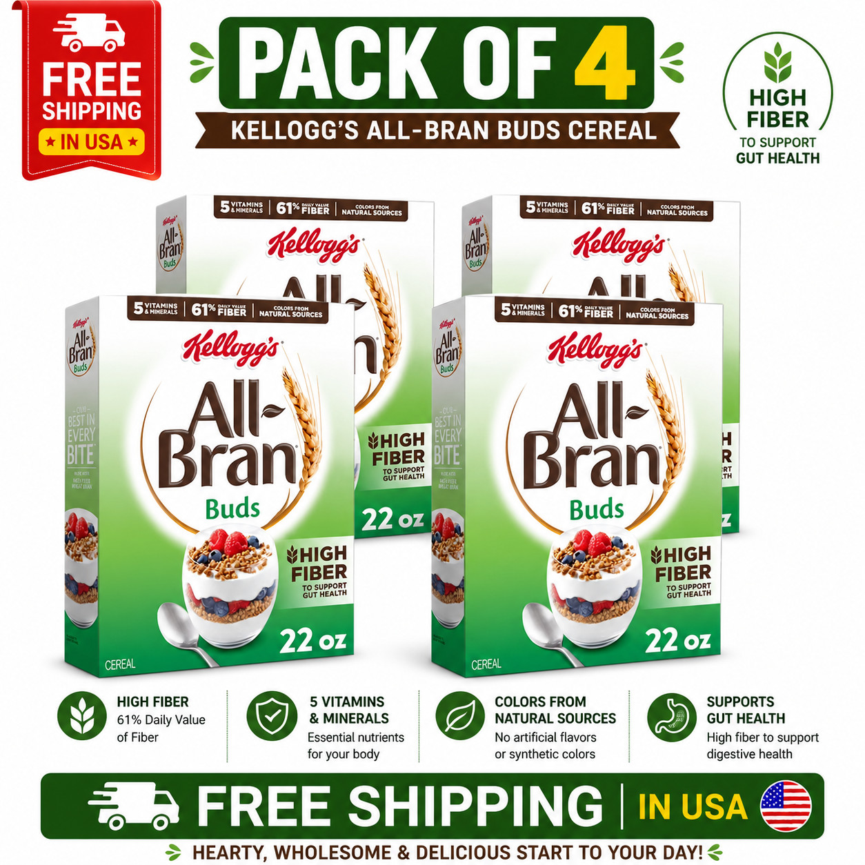 4 pack Kellogg's All Bran Buds Breakfast Cereal 8 Vitamins and Minerals High New 4 pack Kellogg's All Bran Buds Breakfast Cereal 8 Vitamins and Minerals High New