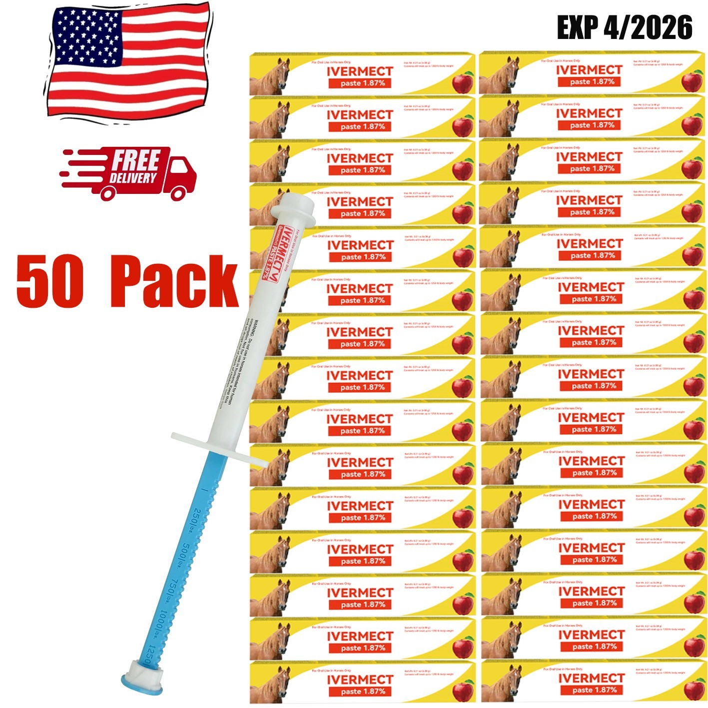 NEW 50 Pack Horse Dewormer Paste Apple Flavor EXP 1/2028 Convenient Operation US