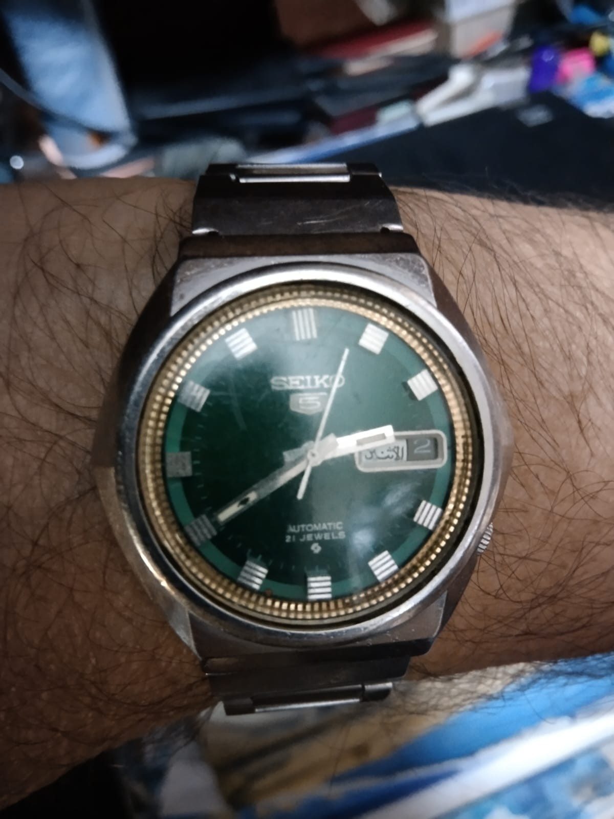 Rare Vintage Seiko 5 6119-7490 Green Dial Arabic Day Date Automatic Mens Watch