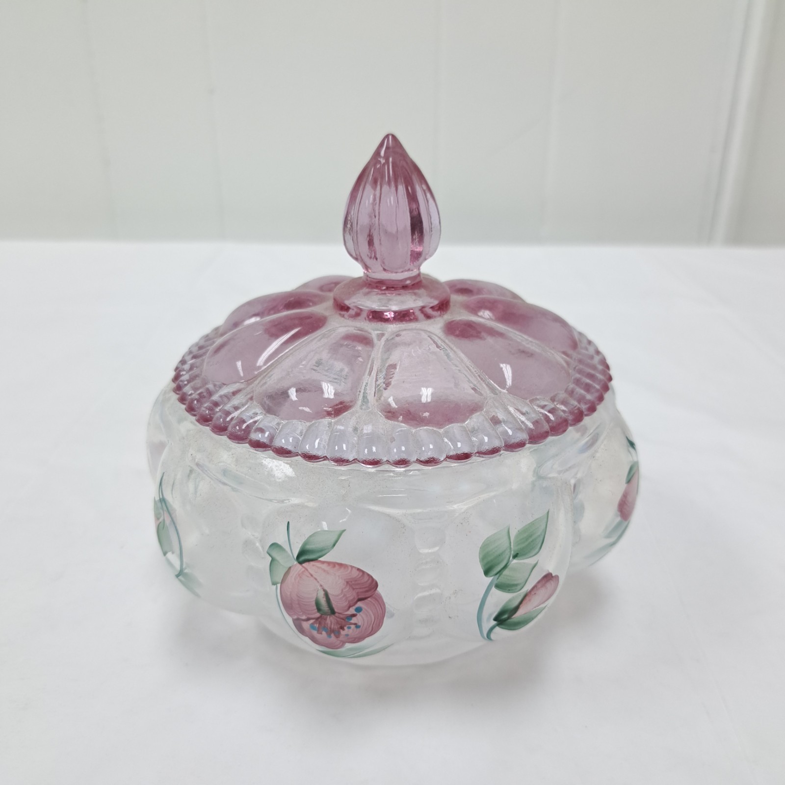 Fenton Trellis Melon Floral Glass Powder/Candy Dish Lid Signed Artist Fenton Trellis Melon Floral Glass Powder/Candy Dish Lid Signed Artist