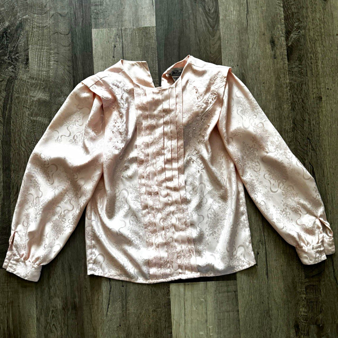 Vintage Notations Pink Floral Jacquard Satin Beaded Button Blouse Women\'s 8p Vintage Notations Pink Floral Jacquard Satin Beaded Button Blouse Women\'s 8p