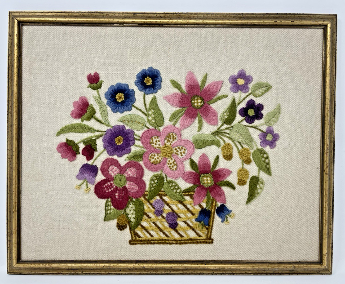 Vtg Crewel Embroidery Framed Flowers in Basket 12x 15” 1970s Beautful Needlework