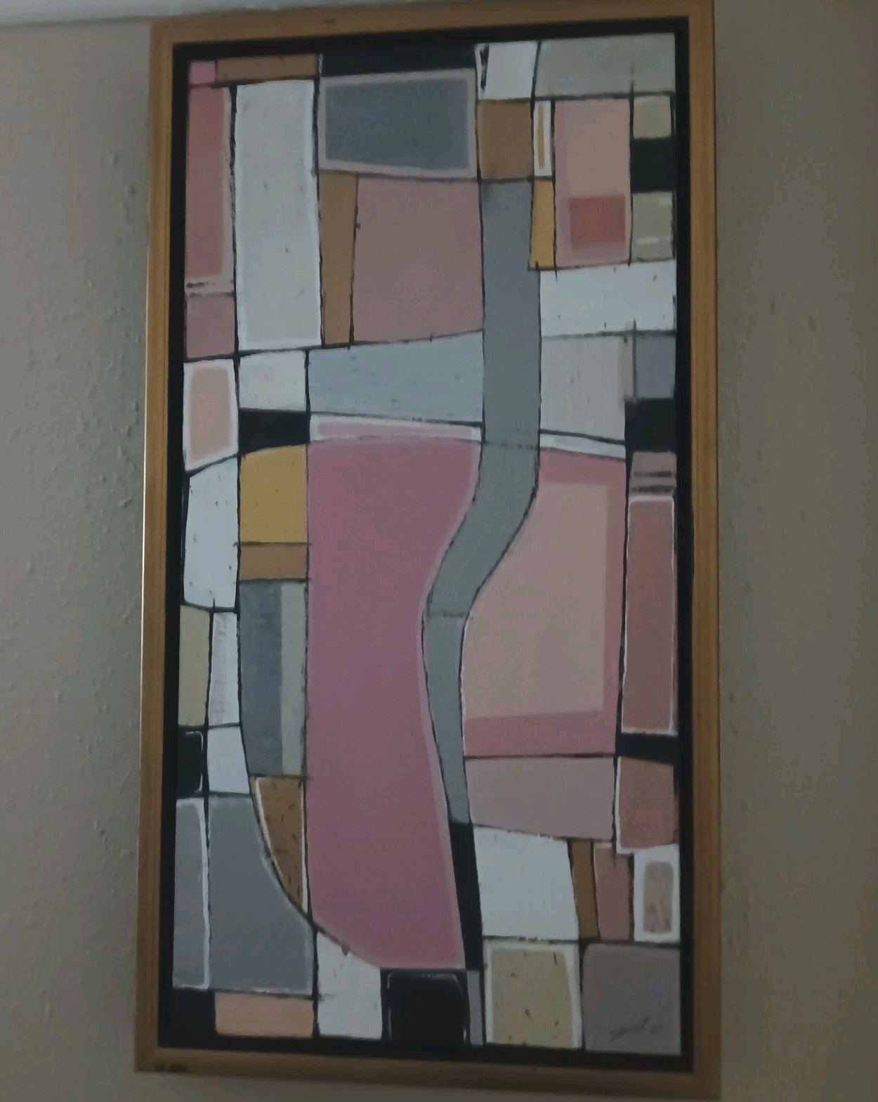 Geometric Abstract Warm Muted Tone Painting Signed Stuart 22. Gold Box Frame. Geometric Abstract Warm Muted Tone Painting Signed Stuart 22. Gold Box Frame.