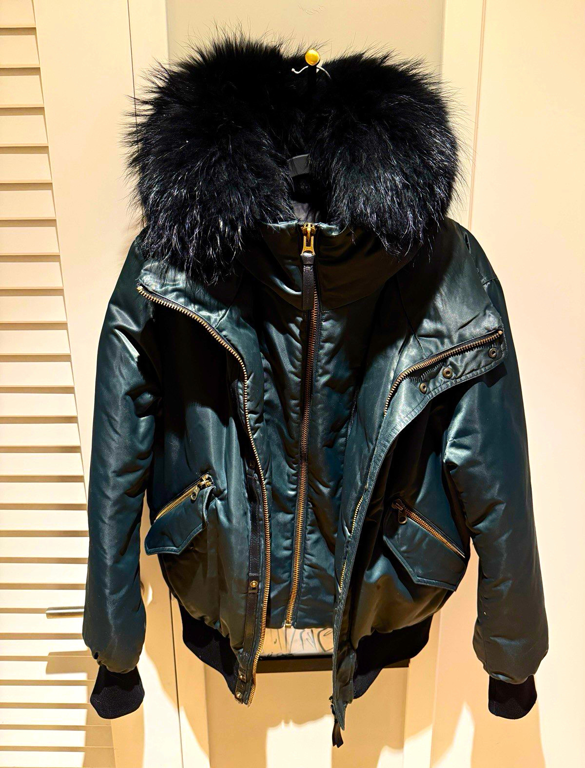 Mackage Men’s Down Insulated Bomber Jacket Hooded Fur Trim Green/Black 38