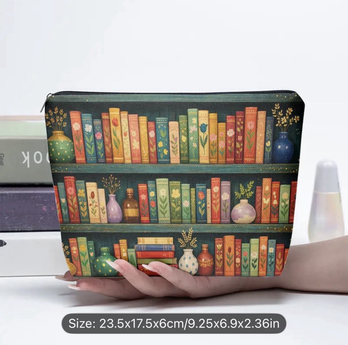 1pc Women\'s Lightweight Linen Makeup Bag with Book-Themed