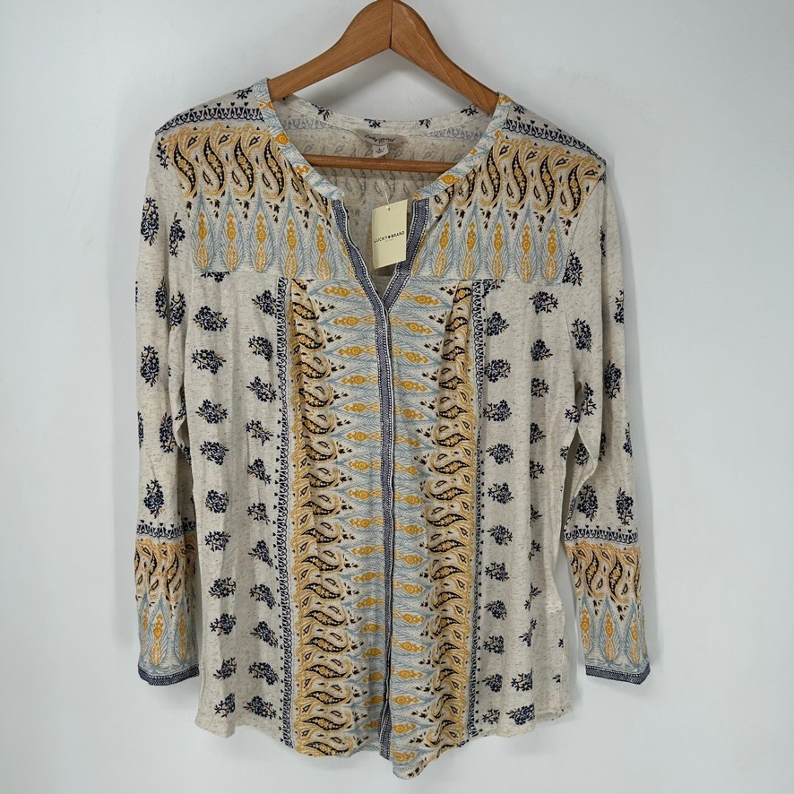 Lucky Brand Blouse Womens Large Beige Paisley Peasant Top Long Sleeve Lucky Brand Blouse Womens Large Beige Paisley Peasant Top Long Sleeve