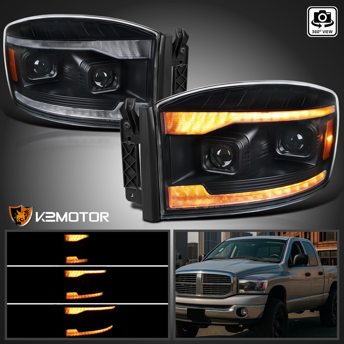 Amber LED DRL Fits 2006-2009 Dodge Ram 1500 2500 3500 Black Projector Headlights