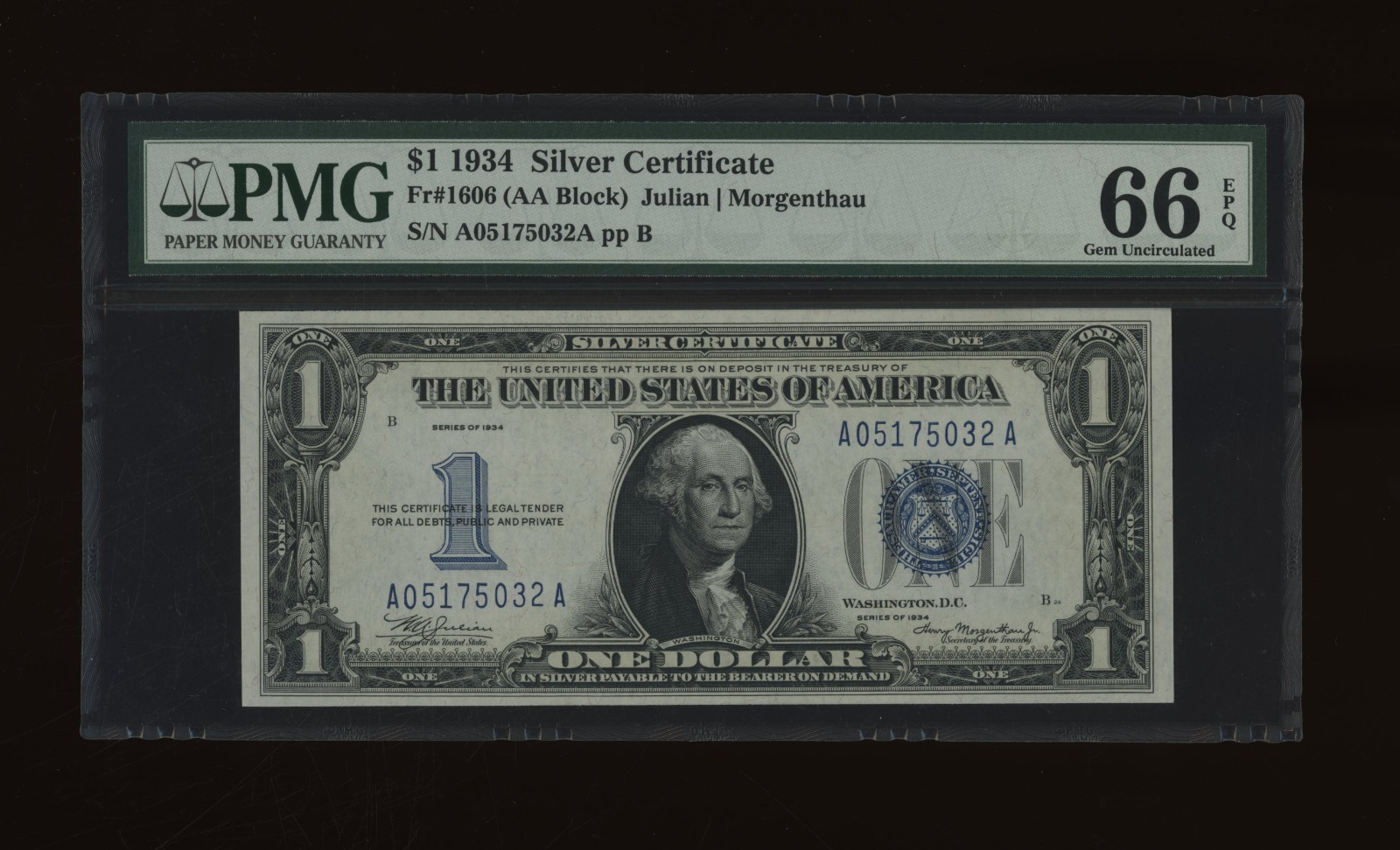 DBR 1934 $1 Silver Funnyback Fr. 1606 AA Block Gem PMG 66 EPQ Serial A05175032A DBR 1934 $1 Silver Funnyback Fr. 1606 AA Block Gem PMG 66 EPQ Serial A05175032A