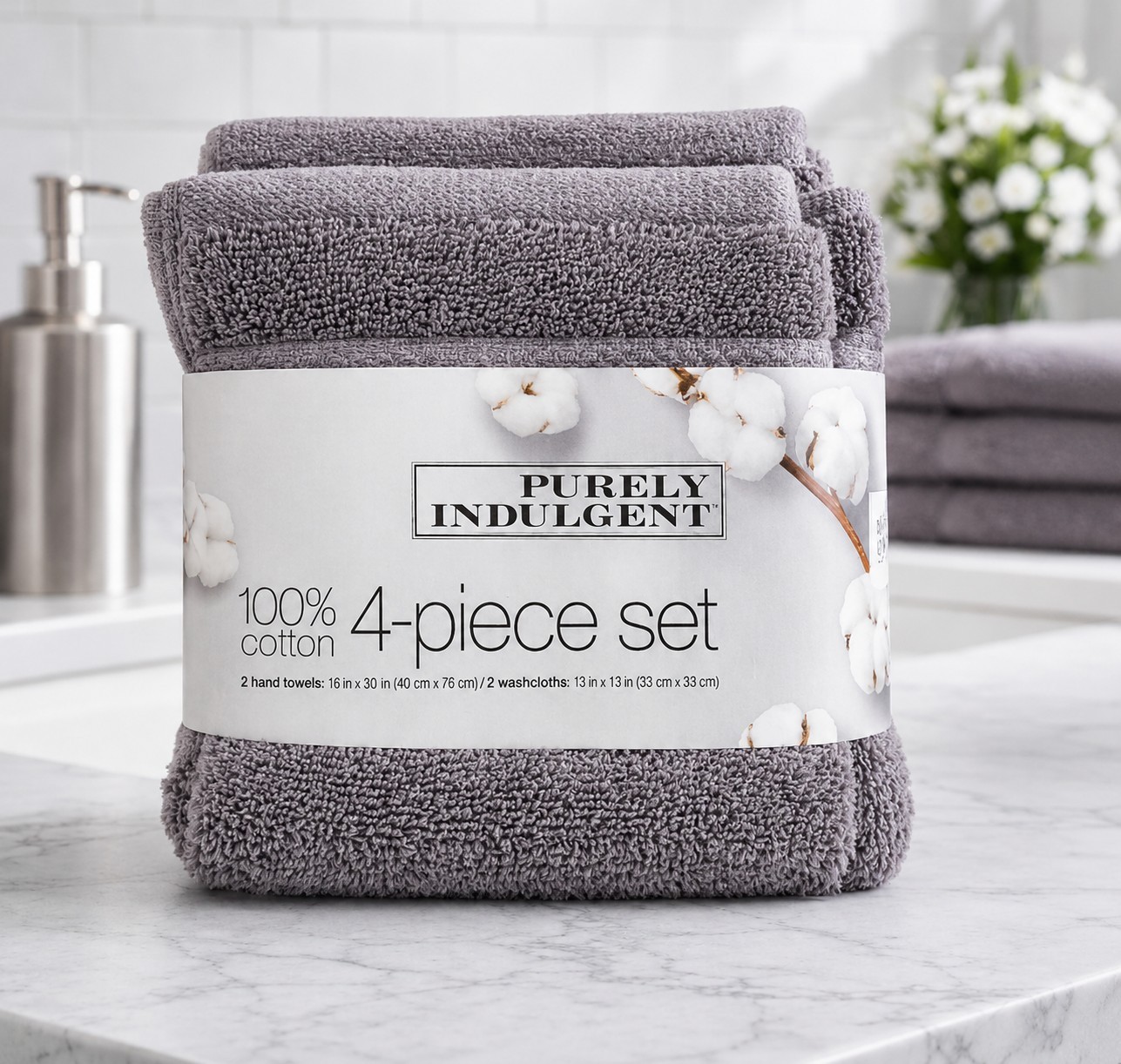 Purely Indulgent Oeko-Tex 4-Piece Towel Set | 2 Hand Towels + 2 Wash Cloths