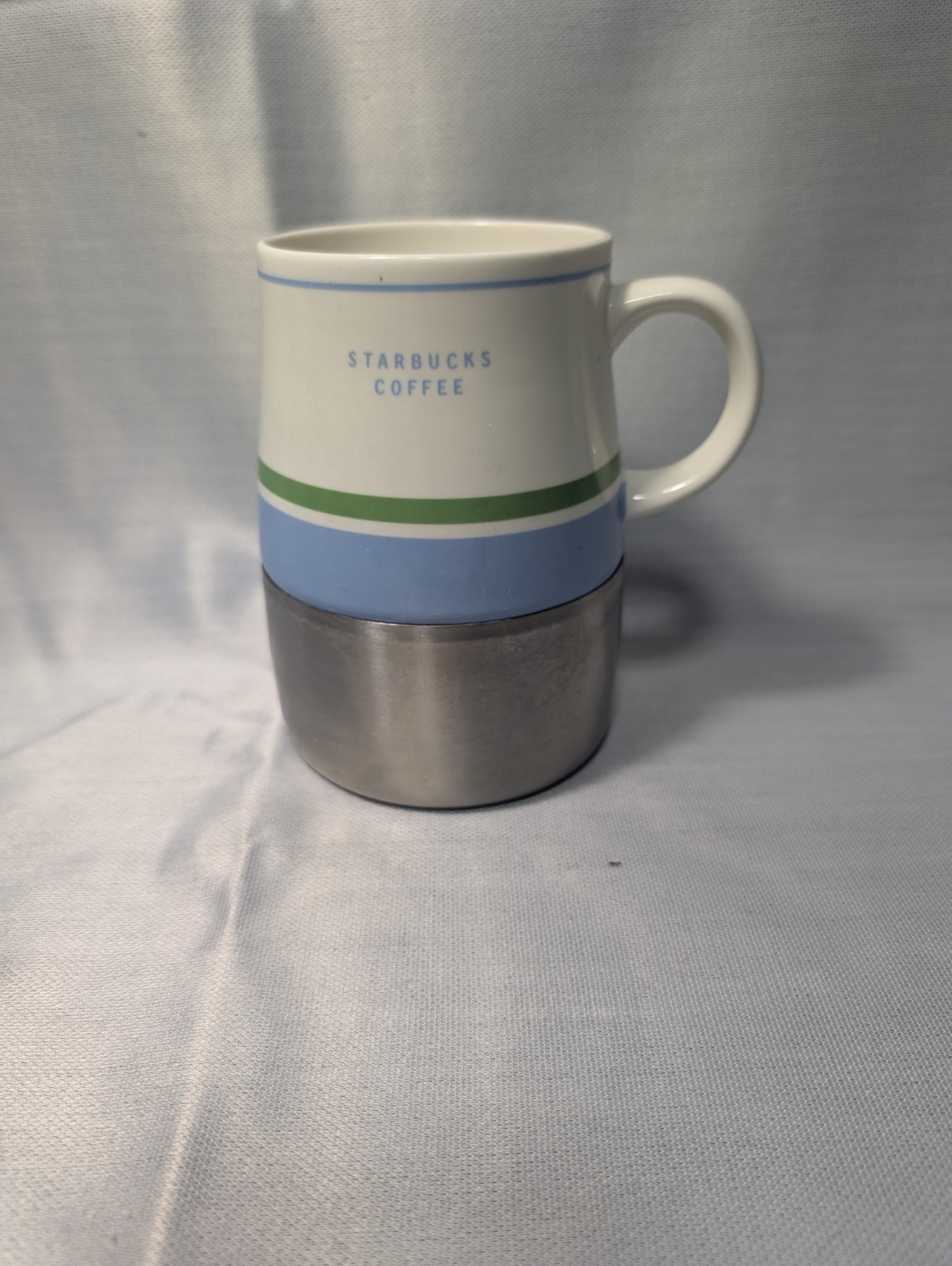 Starbucks 2005 Travel Desk Mug White Blue Green Stainless Steel Base Ceramic Starbucks 2005 Travel Desk Mug White Blue Green Stainless Steel Base Ceramic