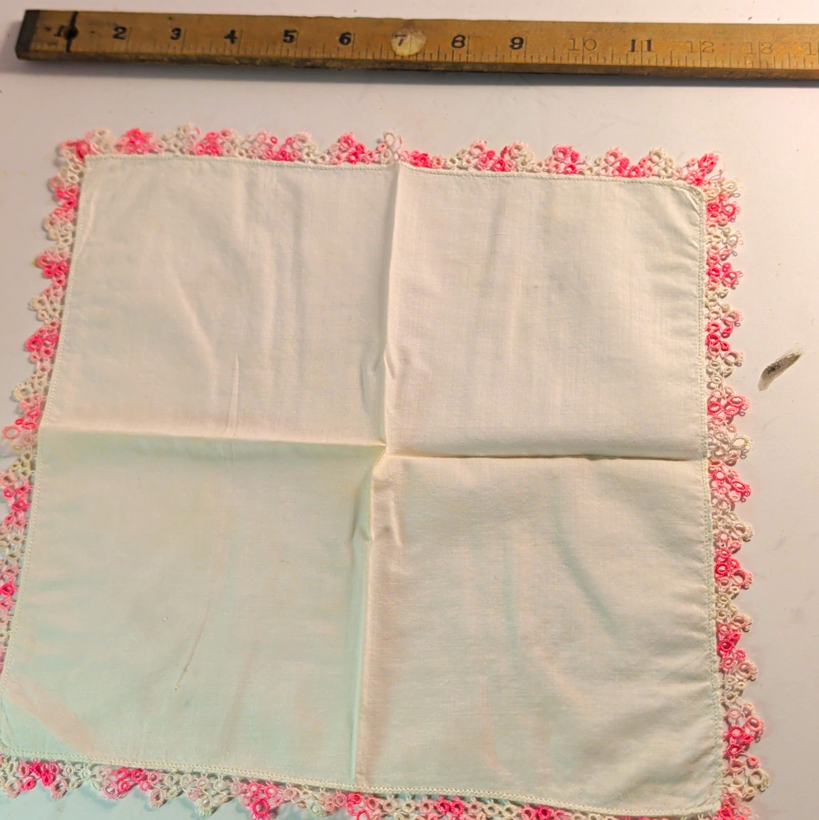 Vintage Handkerchief White & Pink with Lace Trim Crocheted Edge Vintage Handkerchief White & Pink with Lace Trim Crocheted Edge