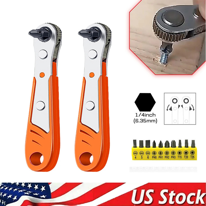Ratcheting Right Angle Screwdriver Hex Drive 90 Degree Offset + 10pc Bits Set