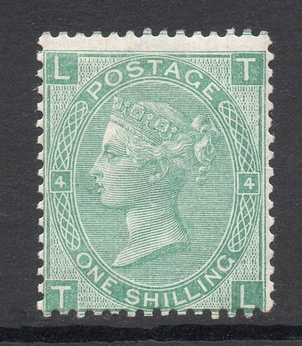 GB QV SG117 1/- Green Plate 4 Fine Mint Lightly Hinged Trace Gum/No Gum Cat £850 GB QV SG117 1/- Green Plate 4 Fine Mint Lightly Hinged Trace Gum/No Gum Cat £850