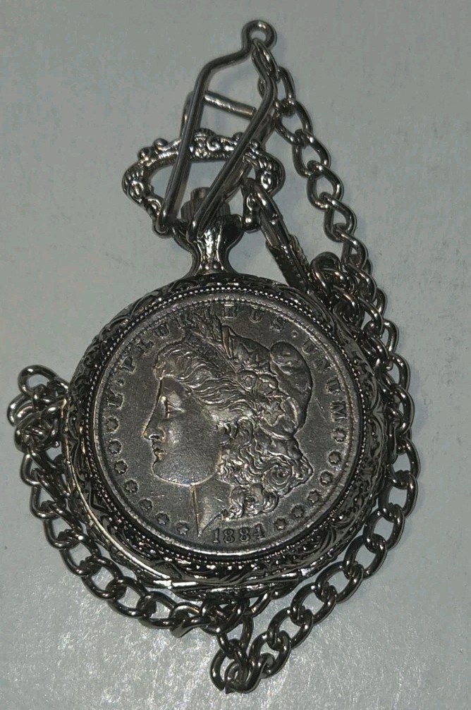 Vintage 1884 S Morgan Silver Dollar Pocket Watch American Historic Society READ Vintage 1884 S Morgan Silver Dollar Pocket Watch American Historic Society READ